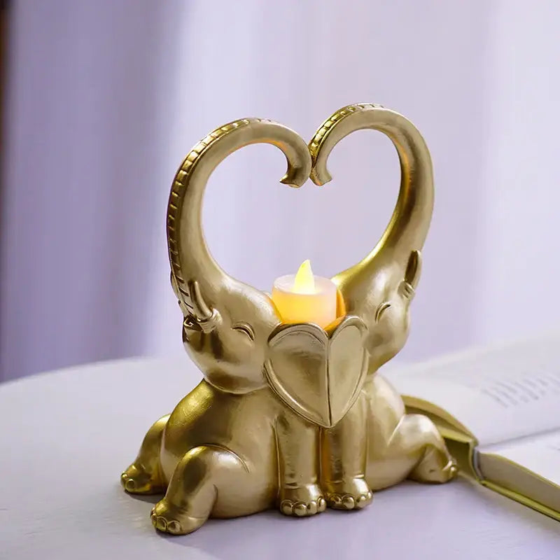 Romantic elephant couple resin candlestick living room heart decor