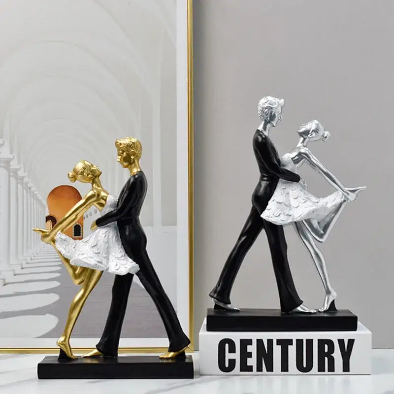 Romantic gold & black dancing couple sculpture living room figurine