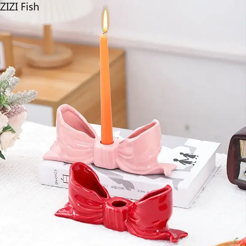 Romantic pink bowknot ceramic candle holder dining room aesthetic decor