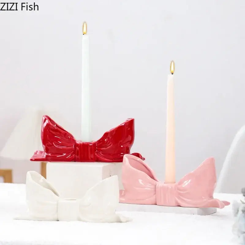 Romantic pink bowknot ceramic candle holder dining room aesthetic decor