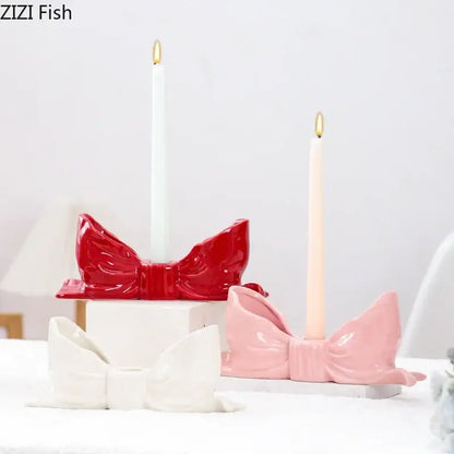 Romantic pink bowknot ceramic candle holder dining room aesthetic decor