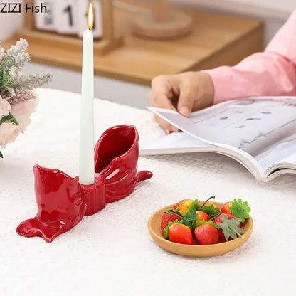 Romantic pink bowknot ceramic candle holder dining room aesthetic decor