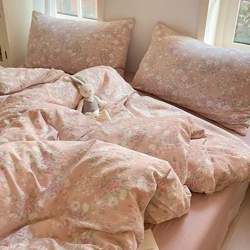 Romantic pink cotton flower print bedding set bedroom comforter