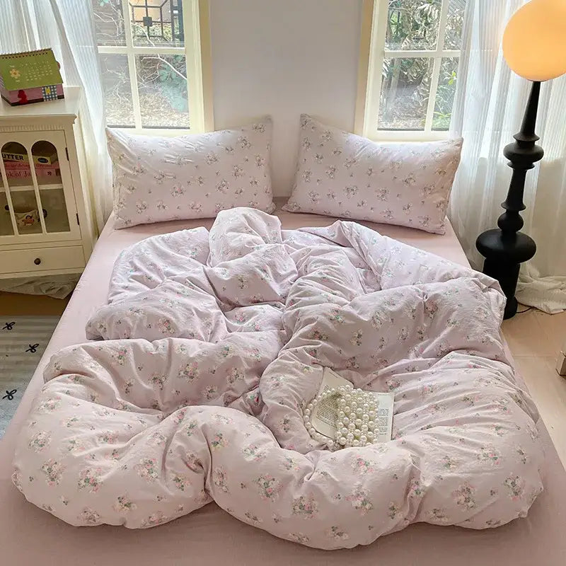 Romantic pink cotton flower print bedding set bedroom comforter