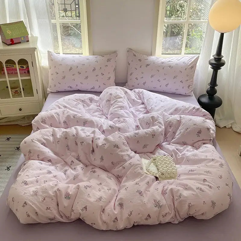 Romantic pink cotton flower print bedding set bedroom comforter