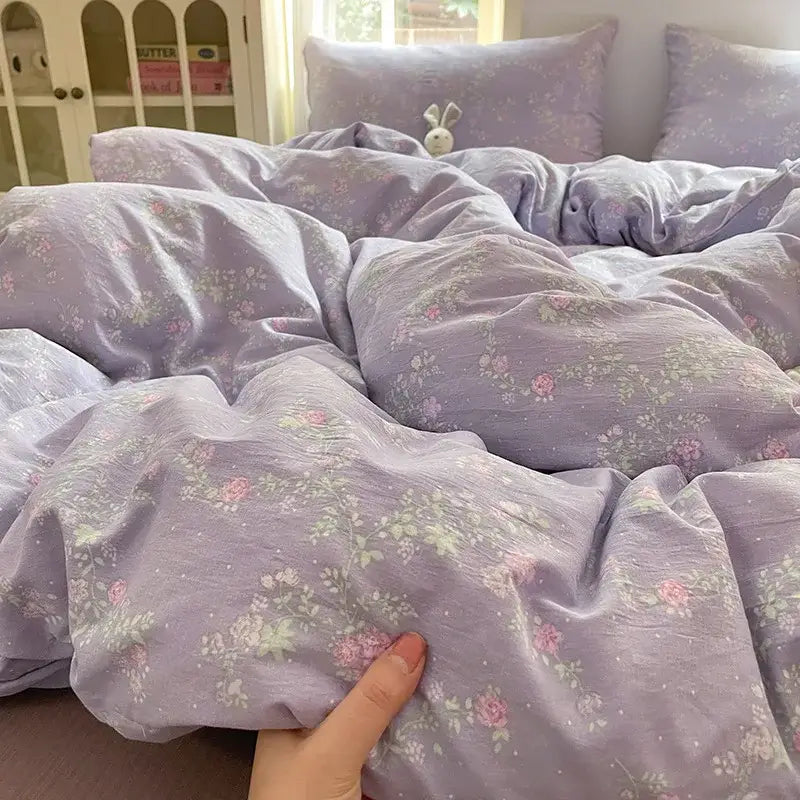 Romantic pink cotton flower print bedding set bedroom comforter