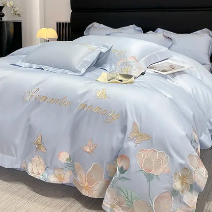 Romantic white and pink embroidered flowers butterfly bedding set bedroom
