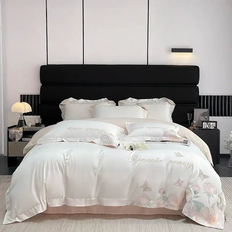 Romantic white and pink embroidered flowers butterfly bedding set bedroom