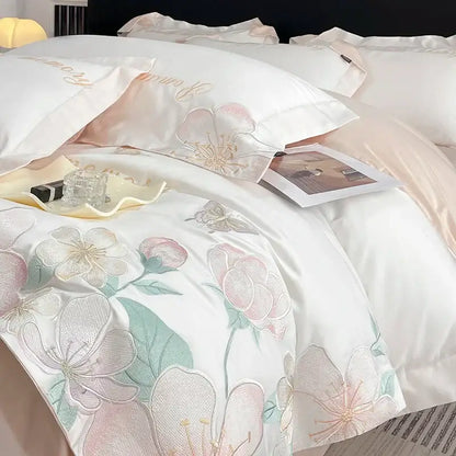 Romantic white and pink embroidered flowers butterfly bedding set bedroom