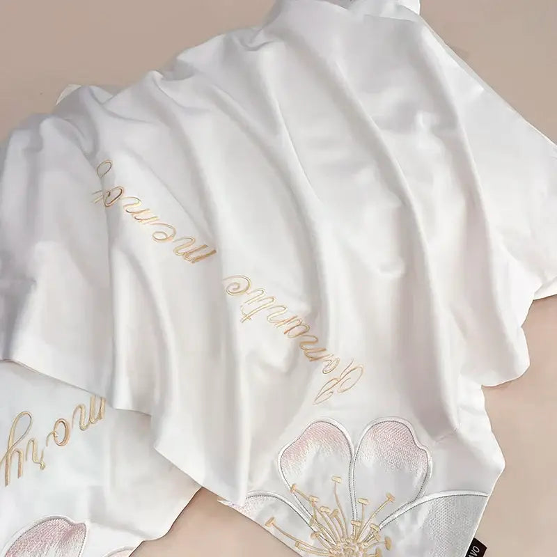 Romantic white and pink embroidered flowers butterfly bedding set bedroom