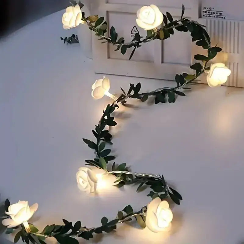 White rose flower string lights bedroom decorative ambiance accent