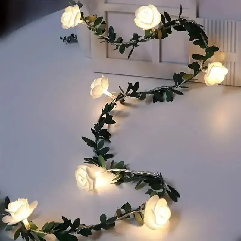 White rose flower string lights bedroom decorative ambiance accent