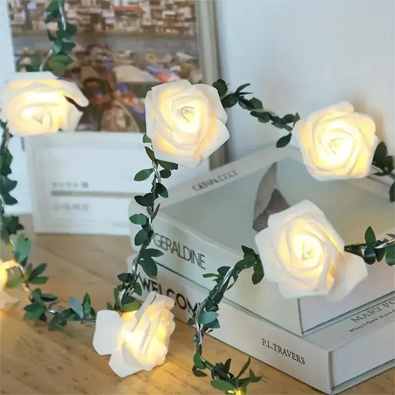 White rose flower string lights bedroom decorative ambiance accent