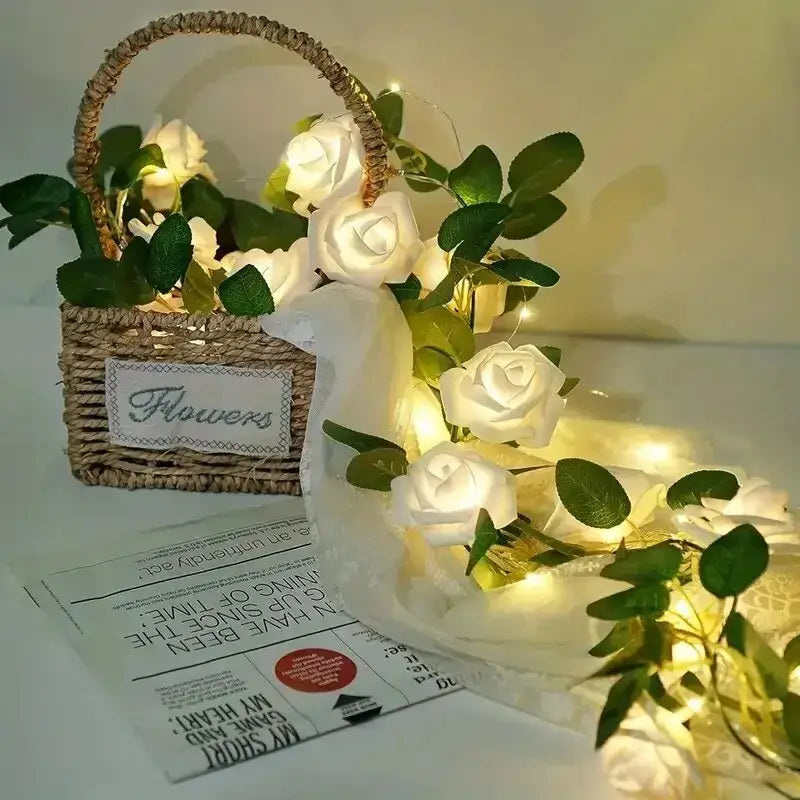 White rose flower string lights bedroom decorative ambiance accent
