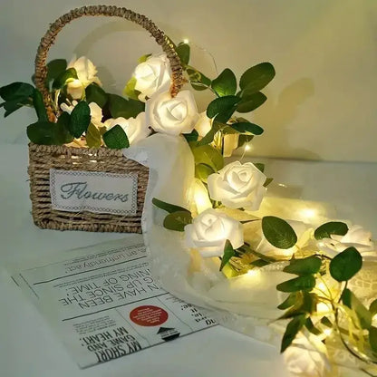 White rose flower string lights bedroom decorative ambiance accent