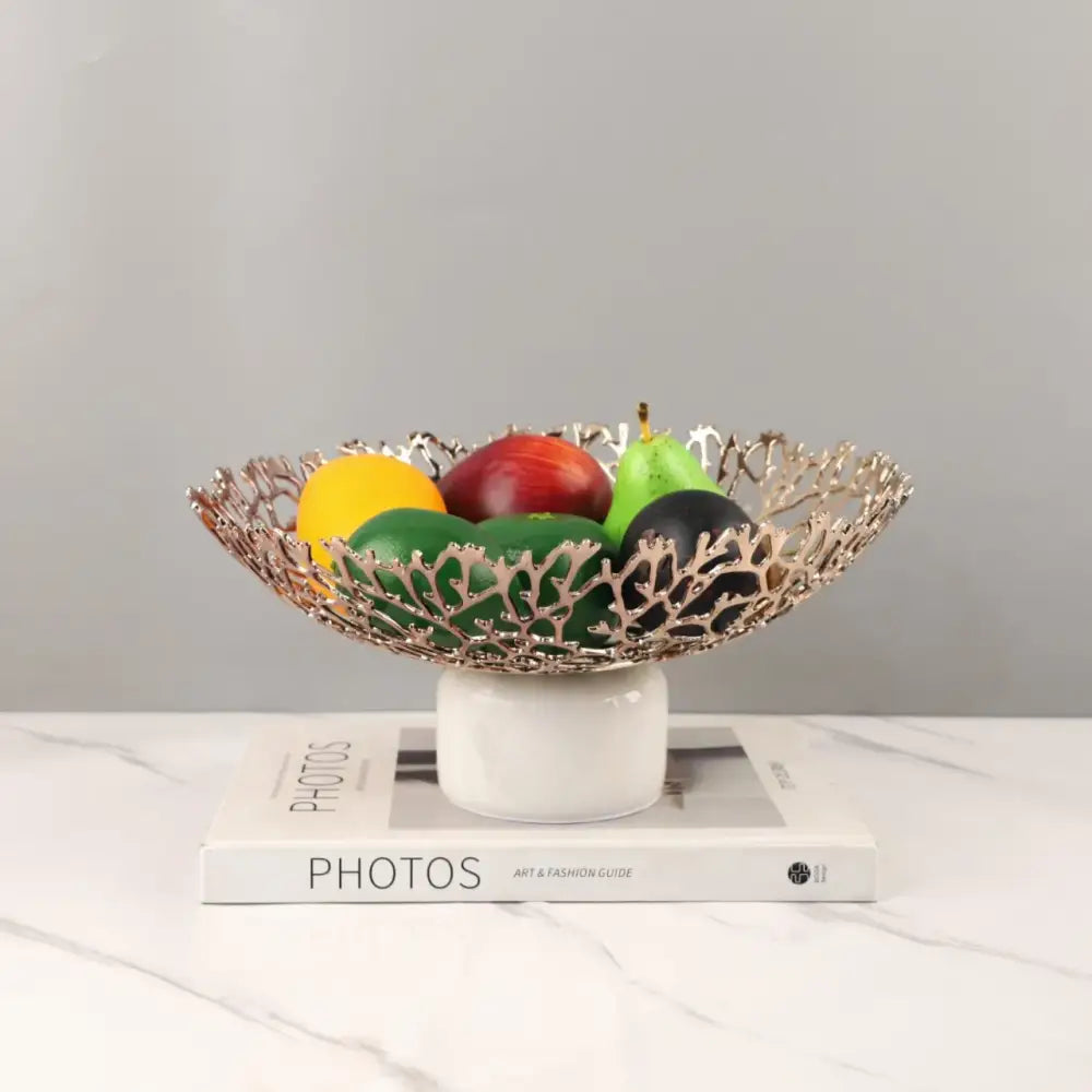 Rose gold coral disc pedestal marble fruit bowl dining room decor