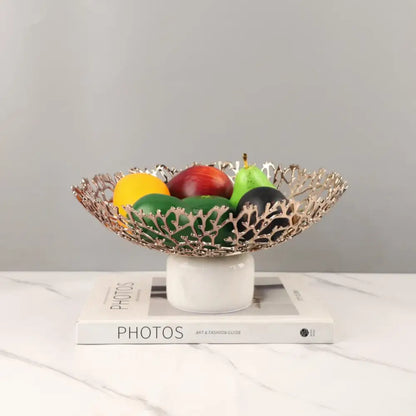 Rose gold coral disc pedestal marble fruit bowl dining room decor