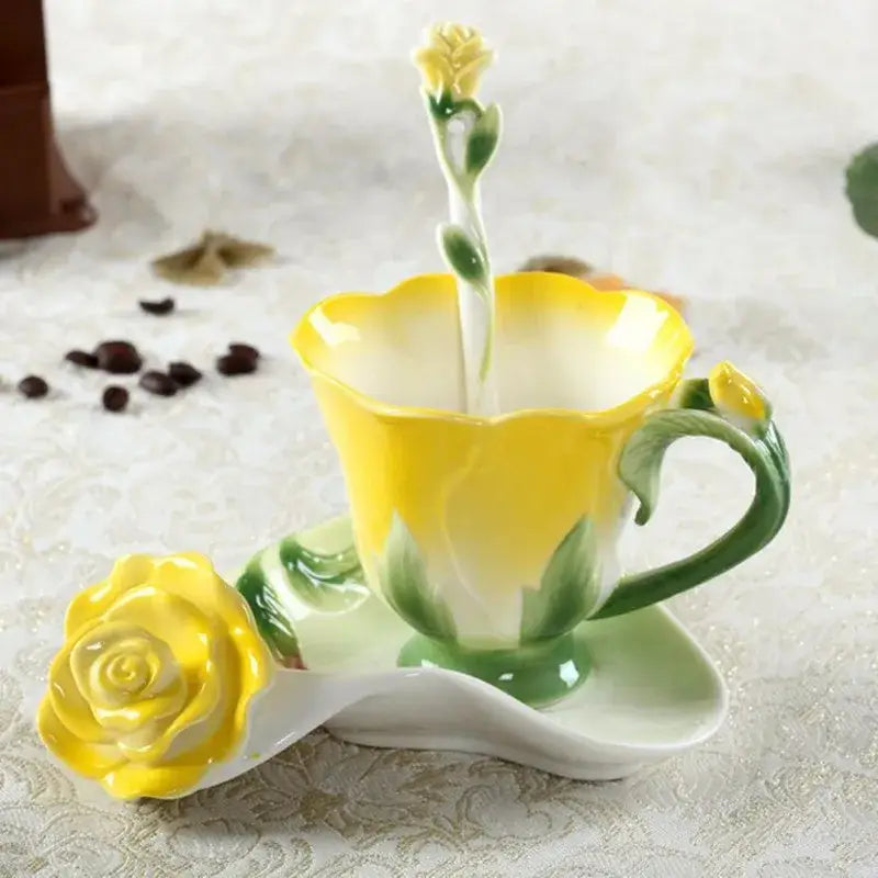 Rose peony floral ceramic teacup set with spoons for dining room