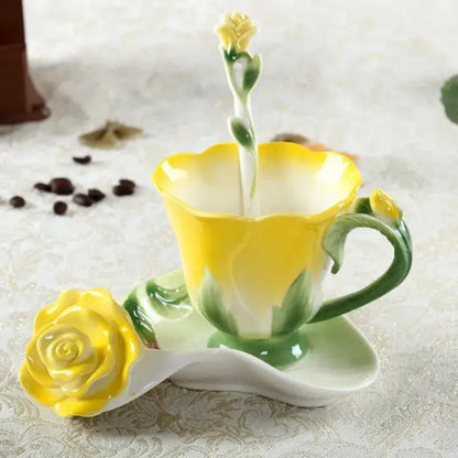 Rose peony floral ceramic teacup set with spoons for dining room