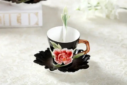 Rose peony floral ceramic teacup set with spoons for dining room
