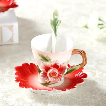 Rose peony floral ceramic teacup set with spoons for dining room