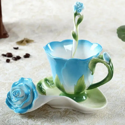 Rose peony floral ceramic teacup set with spoons for dining room