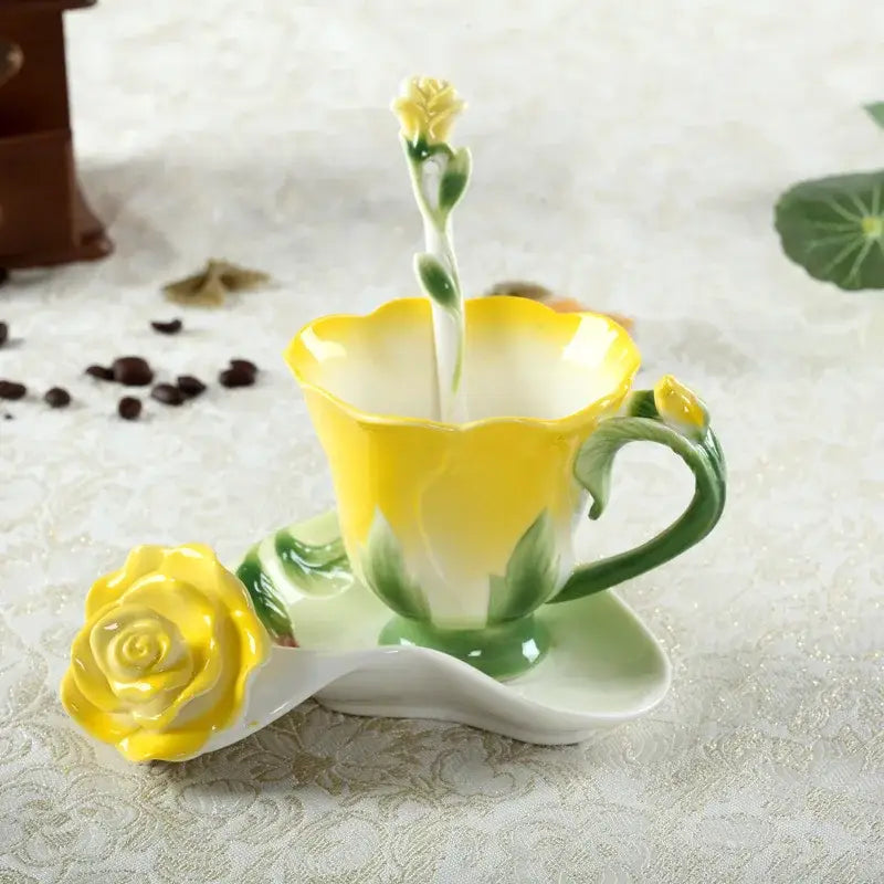 Rose peony floral ceramic teacup set with spoons for dining room