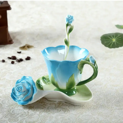 Rose peony floral ceramic teacup set with spoons for dining room