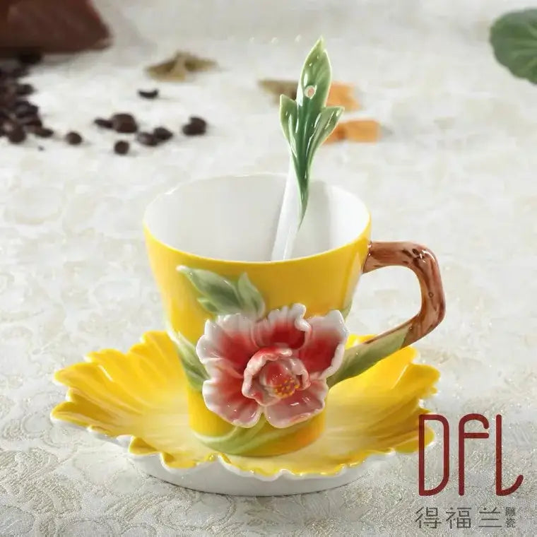 Rose peony floral ceramic teacup set with spoons for dining room