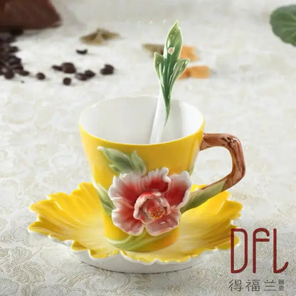 Rose peony floral ceramic teacup set with spoons for dining room