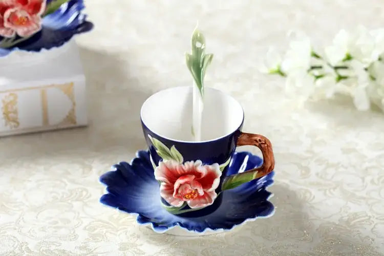 Rose peony floral ceramic teacup set with spoons for dining room