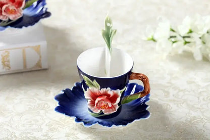 Rose peony floral ceramic teacup set with spoons for dining room
