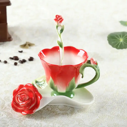 Rose peony floral ceramic teacup set with spoons for dining room