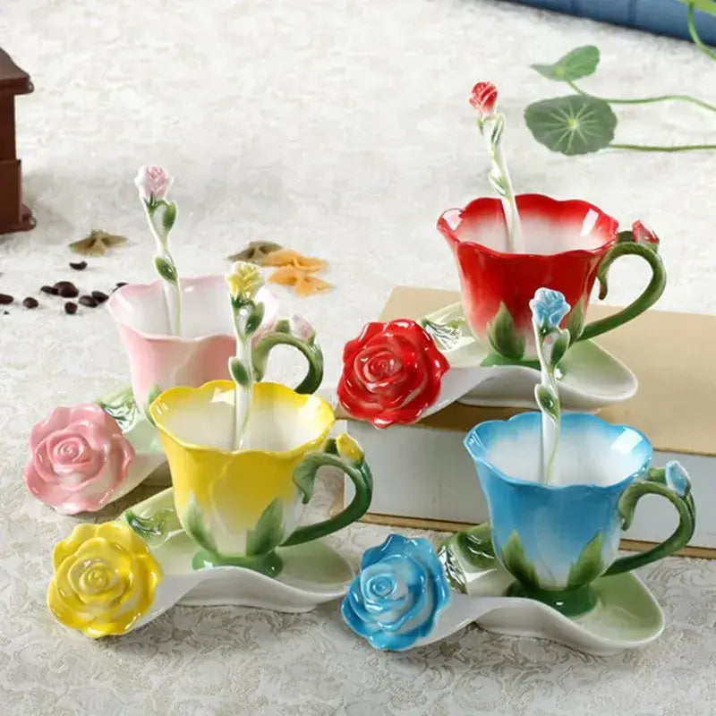 Rose peony floral ceramic teacup set with spoons for dining room