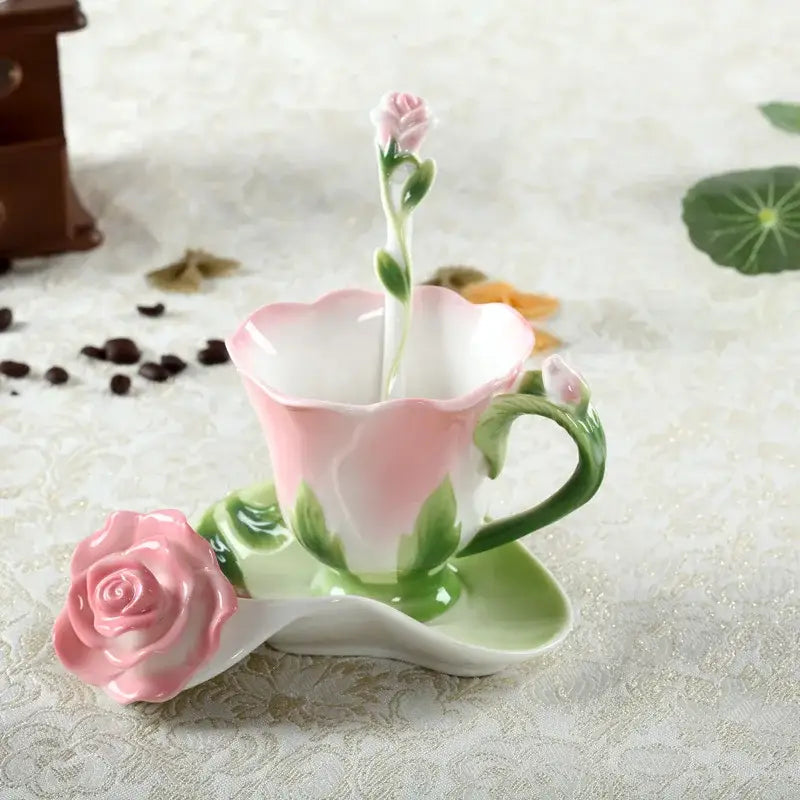 Rose peony floral ceramic teacup set with spoons for dining room