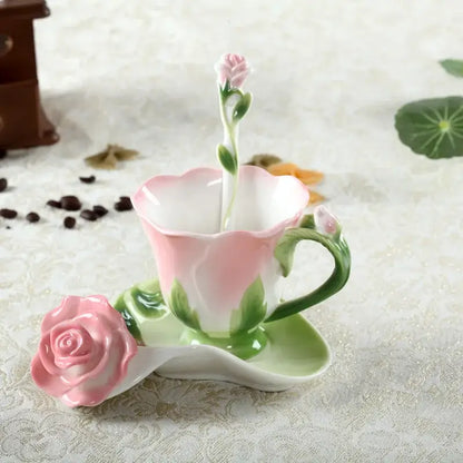Rose peony floral ceramic teacup set with spoons for dining room