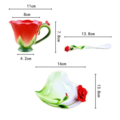Rose peony floral ceramic teacup set with spoons for dining room
