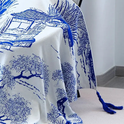 Royal blue and white knitted sofa blanket living room throw