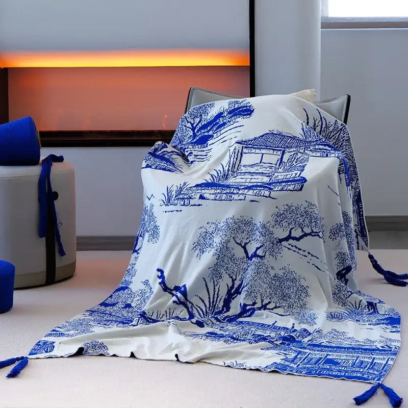 Royal blue and white knitted sofa blanket living room throw