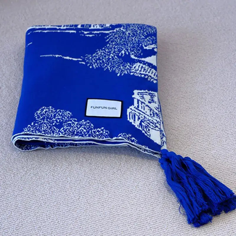 Royal blue and white knitted sofa blanket living room throw