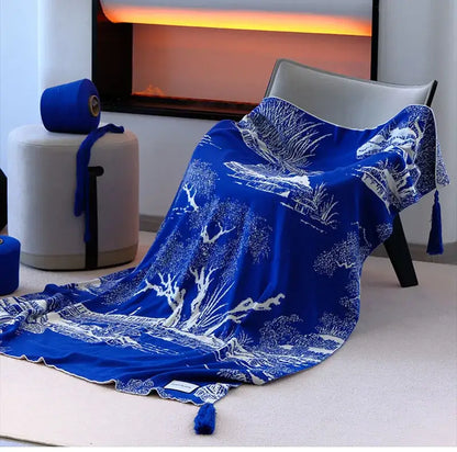 Royal blue and white knitted sofa blanket living room throw