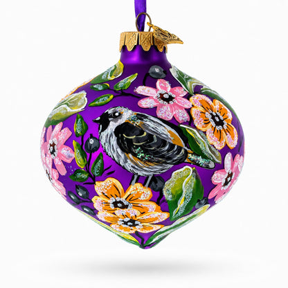 Songbird and Blossoms Onion-Shape Finial Glass Christmas Ornament