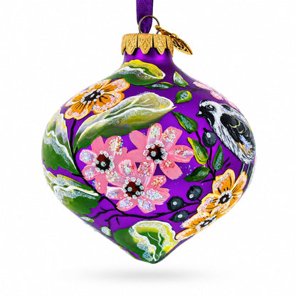 Songbird and Blossoms Onion-Shape Finial Glass Christmas Ornament