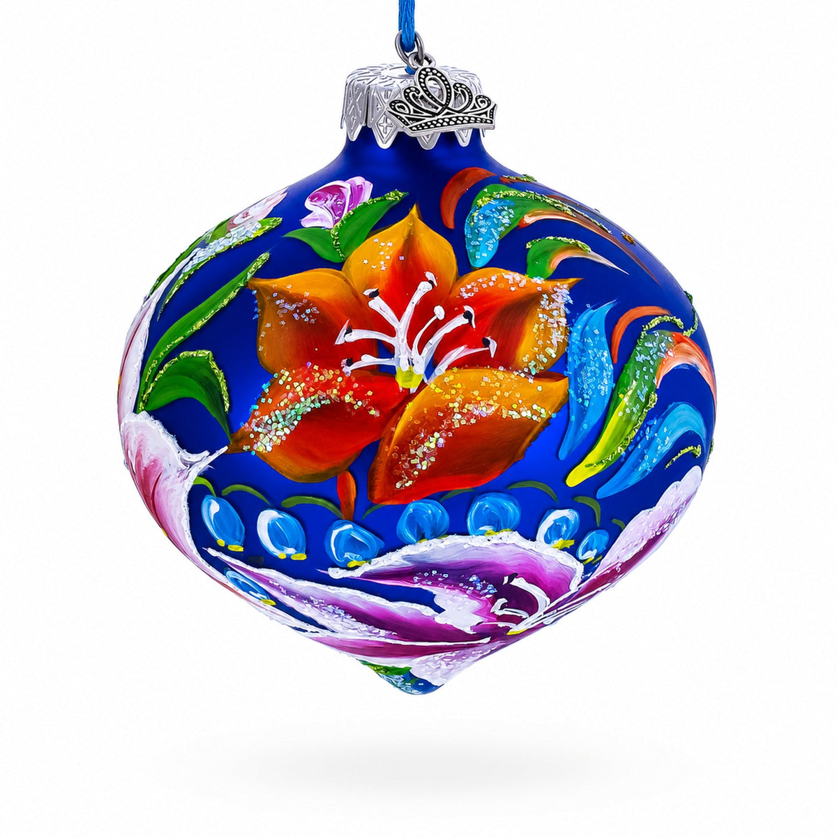 Floral Lilies Onion-Shape Finial Glass Christmas Ornament