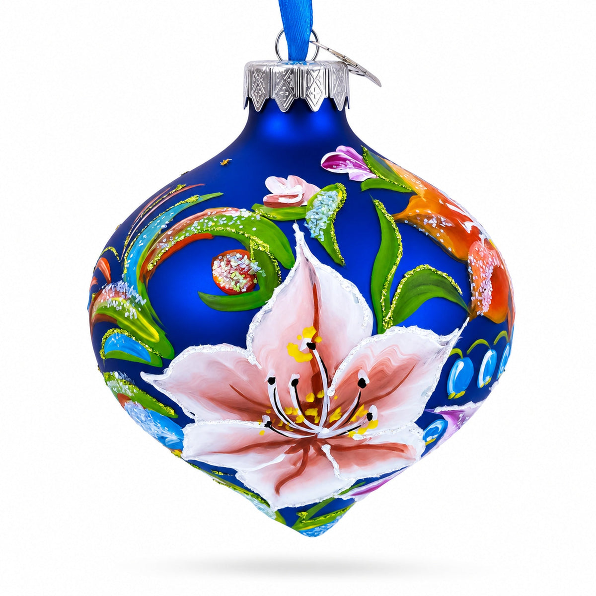 Floral Lilies Onion-Shape Finial Glass Christmas Ornament