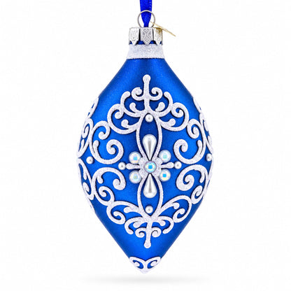 Blue Jeweled Scroll Pointed Teardrop Finial Glass Christmas Ornament