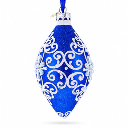 Blue Jeweled Scroll Pointed Teardrop Finial Glass Christmas Ornament