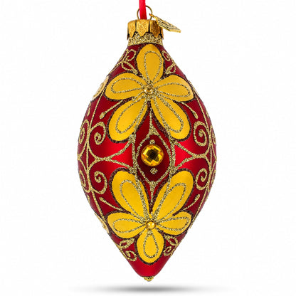 Golden Flowers Pointed Teardrop Finial Glass Christmas Ornament