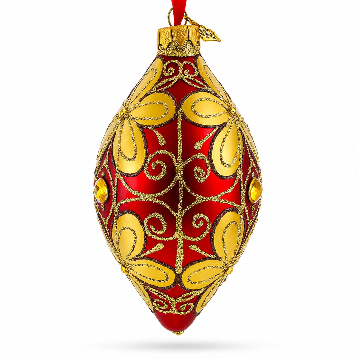 Golden Flowers Pointed Teardrop Finial Glass Christmas Ornament
