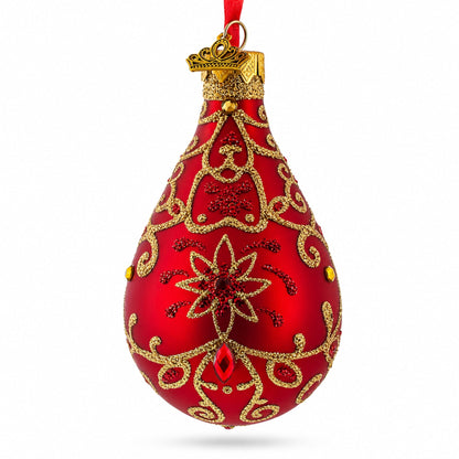 Golden Flowers on Red Waterdrop Finial Glass Christmas Ornament
